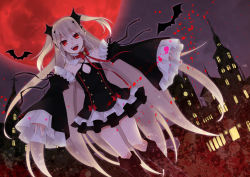 Rule 34 | 10s, 1girl, bare shoulders, bat (animal), black dress, blonde hair, boots, detached sleeves, dress, fang, hatsubi, hatsumi (mdr323), krul tepes, long hair, moon, owari no seraph, pointy ears, red eyes, red moon, solo, thigh boots, thighhighs, very long hair
