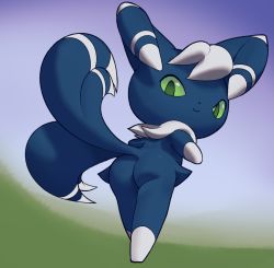 Rule 34 | 1boy, animal ears, animal nose, ass, blue fur, body fur, cat boy, cat ears, cat tail, closed mouth, colored sclera, creatures (company), dutch angle, from behind, full body, furry, furry male, game freak, gen 6 pokemon, green eyes, green sclera, happy, highres, inkune, looking at viewer, looking back, male focus, meowstic, meowstic (male), multiple tails, neck fur, nintendo, pokemon, pokemon (creature), short hair, smile, solo, standing, tail, two-tone fur, two tails, walking, white fur, white hair