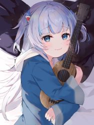 Rule 34 | 1girl, blue eyes, blue hair, blue hoodie, blush, closed mouth, commentary request, gawr gura, hair ornament, highres, hololive, hololive english, hood, hood down, hoodie, instrument, long hair, long sleeves, looking at viewer, lying, multicolored hair, hugging object, omelet tomato, on bed, on side, shark hair ornament, silver hair, smile, solo, streaked hair, two side up, ukulele, upper body, virtual youtuber