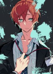 Rule 34 | 1boy, bags under eyes, black jacket, blue eyes, blue necktie, closed mouth, collared shirt, commentary request, hair between eyes, highres, hypnosis mic, jacket, kannonzaka doppo, looking at viewer, male focus, necktie, open clothes, open jacket, pochi (pochi-goya), red hair, shirt, solo, splatter, wing collar
