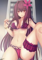 Rule 34 | 1girl, bikini, breasts, cleavage, fate/grand order, fate (series), flower, hair flower, hair ornament, highres, kesoshirou, large breasts, long hair, looking at viewer, nail polish, navel, purple hair, red eyes, scathach (fate), scathach (fate), scathach (swimsuit assassin) (fate), solo, swimsuit