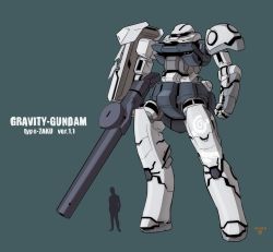 Rule 34 | character name, clenched hand, dated, gun, gundam, highres, holding, holding gun, holding weapon, mecha, mobile suit gundam, moi moi7, one-eyed, pink eyes, redesign, robot, silhouette, size comparison, solo focus, standing, weapon, zaku, zeon