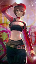 Rule 34 | 1girl, absurdres, arm up, baseball cap, black pants, breasts, brown hair, choker, collarbone, crop top, graffiti, hair between eyes, hat, highres, holding, large breasts, long sleeves, looking at viewer, meiko (vocaloid), midriff, pants, parted lips, red choker, red eyes, red hat, red sleeves, short hair, solo, standing, stomach, vocaloid, yen-mi