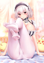 Rule 34 | 1girl, = =, ahoge, anchor choker, anchor print, areola slip, ass, azur lane, blackdomo, blush, breasts, choker, cleavage, closed mouth, dress, drooling, feet, foot focus, foreshortening, hair between eyes, hairband, heart, heart-shaped pupils, highres, lace-trimmed hairband, lace trim, large breasts, legs up, looking at viewer, manjuu (azur lane), nail polish, on bed, panties, pantyhose, print panties, red eyes, red nails, short hair, short sleeves, sirius (azur lane), sitting, smile, soles, solo, symbol-shaped pupils, thighs, toes, underwear, white hair, white panties, white pantyhose