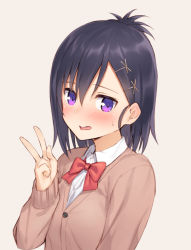 Rule 34 | 10s, 1girl, black hair, blush, breasts, cardigan, collared shirt, commentary request, gabriel dropout, grey background, hair between eyes, hair ornament, hairclip, looking at viewer, medium breasts, mikazuchi zeus, open mouth, ponytail, purple eyes, shirt, short hair, simple background, solo, sweatdrop, teeth, upper body, v, vignette tsukinose april, white shirt, wing collar, x hair ornament