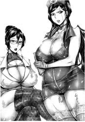 Rule 34 | 2girls, ass, belly, breasts, cleavage, cosplay, covered erect nipples, dress, glasses, greyscale, huge breasts, looking at viewer, mature female, microdress, mole, mole under mouth, momofuki rio, monochrome, multiple girls, nozomi kusao, nurse, pubic hair, sitting, takako tokiwa, teacher, thick thighs, thighhighs, thighs, tight clothes, wide hips