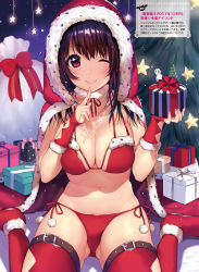 Rule 34 | 1girl, ;), ankle boots, bikini, boots, box, breasts, brown hair, cape, christmas, christmas tree, cleavage, cloak, closed mouth, cross, cross necklace, dengeki moeou, finger to mouth, fingernails, fur trim, gift, gift box, highres, holding, hood, hooded cloak, jewelry, large breasts, lips, long hair, looking at viewer, mataro (matarou), navel, necklace, one eye closed, original, pom pom (clothes), red bikini, red eyes, red footwear, red thighhighs, sack, santa bikini, santa costume, scan, shushing, side-tie bikini bottom, sitting, smile, solo, sparkle, star (symbol), striped, swimsuit, thighhighs, vertical stripes, wariza