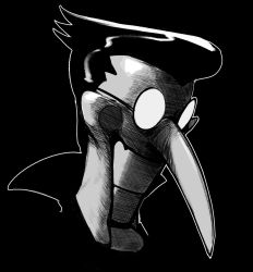 Rule 34 | 1boy, black background, black hair, commentary, deltarune, english commentary, glasses, greyscale, grin, head, highres, krekkov, male focus, monochrome, pointy nose, puppet, short hair, smile, spamton g. spamton