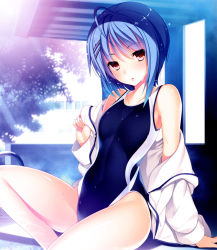 Rule 34 | 1girl, absurdres, ahoge, arm support, blue hair, breasts, competition swimsuit, hair ornament, hairclip, highres, hoshi ori yume mirai, light rays, looking at viewer, mutou kurihito, off shoulder, one-piece swimsuit, ousaka sora, parted lips, poolside, purple eyes, scan, short hair, sitting, small breasts, solo, swimsuit, wet, wet hair