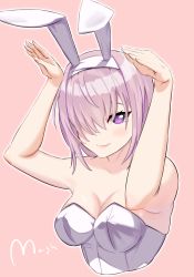 Rule 34 | 1girl, absurdres, alternate costume, animal ears, breasts, cleavage, closed mouth, cropped torso, fake animal ears, fate/grand order, fate (series), hair over one eye, hairband, highres, leotard, looking at viewer, mash kyrielight, medium breasts, medium hair, pink background, pink hair, playboy bunny, purple eyes, rabbit ears, smile, solo, strapless, strapless leotard, white hairband, white leotard, yanagi (soke yanagi)