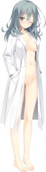 Rule 34 | 1girl, absurdres, aqua eyes, barefoot, black-framed eyewear, blush, coat, full body, gluteal fold, hands in pockets, highres, kobuichi, lab coat, lab coat, long hair, looking at viewer, naked coat, naked labcoat, navel, no pussy, non-web source, official art, one eye closed, open clothes, open coat, over-rim eyewear, riddle joker, semi-rimless eyewear, shikibe mayu, silver hair, smile, solo, standing, transparent background