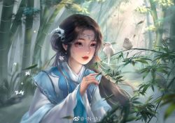 Rule 34 | 1girl, bamboo, bamboo forest, bird, black hair, blue dress, chick, doupo cangqiong, dress, earrings, falling leaves, forest, hair ornament, in xiao7, jewelry, leaf, long hair, nature, solo, teeth, vegetation, yun yun (doupo cangqiong)
