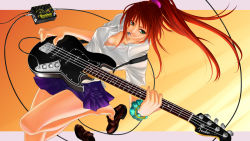 Rule 34 | 1girl, aerodyne jazz bass, bangle, barefoot, bass guitar, bracelet, breasts, cable, cleavage, fender (company), fender jazz bass, fenrir (fenlil0316), green eyes, instrument, jewelry, long hair, medium breasts, mouth hold, music, original, playing instrument, pleated skirt, plectrum, ponytail, red hair, scrunchie, shirt, shoes, skirt, solo, unworn shoes