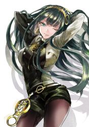 Rule 34 | 1girl, absurdres, arms behind head, arms up, bracelet, breasts, cleopatra (fate), earrings, eyeliner, fate/grand order, fate (series), green eyes, green hair, hairband, highres, hip focus, hoop earrings, jewelry, large breasts, long hair, looking at viewer, makeup, mitu-yuki, necklace, one eye closed, pantyhose, parted lips, shorts, simple background, smile, solo, thighs, very long hair, white background