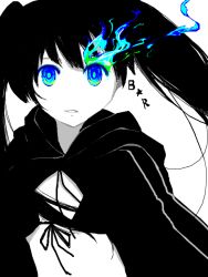 Rule 34 | 10s, 1girl, bad id, bad pixiv id, black hair, black rock shooter, black rock shooter (character), blue eyes, hatsune miku, midriff, monochrome, rike (pixiv), solo, spot color, twintails, vocaloid