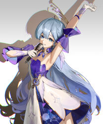 Rule 34 | 1girl, absurdres, arm up, armpits, blue eyes, bracelet, commentary request, cowboy shot, detached sleeves, dress, gloves, grey hair, halo, highres, holding, holding microphone, honkai: star rail, honkai (series), jewelry, long hair, looking at viewer, makinohara ue, microphone, musical note ornament, parted lips, pearl bracelet, purple dress, purple sleeves, robin (honkai: star rail), smile, solo, strapless, strapless dress, two-tone dress, very long hair, white dress, white gloves