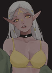 Rule 34 | 1girl, bad id, bad pixiv id, bare shoulders, black background, bra, breasts, choker, cithis, cleavage, dark-skinned female, dark skin, dungeon meshi, elf, eyelashes, eyeshadow, facial mark, forehead mark, grey hair, hair tubes, head tilt, heart, lips, long hair, looking at viewer, makeup, notched ear, off shoulder, open clothes, parted lips, pointy ears, red lips, round teeth, simple background, solo, sunakienn, teeth, underwear, upper body, yellow bra, yellow eyes