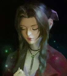 Rule 34 | 1girl, aerith gainsborough, black background, braid, brown hair, closed eyes, closed mouth, commentary, english commentary, faux traditional media, final fantasy, final fantasy vii, final fantasy vii remake, fireflies, highres, jewelry, necklace, portrait, purple ribbon, ribbon, smile, solo, yuming li