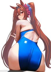 Rule 34 | 1girl, ass, back, back focus, brown hair, competition swimsuit, daiwa scarlet (umamusume), highres, horse girl, long hair, looking back, one-piece swimsuit, red eyes, ryou (ryoutarou), skindentation, solo, swimsuit, twintails, umamusume, v, very long hair