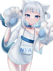 Rule 34 | 1girl, absurdres, animal ears, animal hands, blue eyes, blue hair, blush, cat ears, cat paws, fins, fish tail, fukase kafu, gawr gura, highres, hololive, hololive english, long sleeves, looking at viewer, medium hair, multicolored hair, oversized clothes, shark tail, solo, streaked hair, tail, two-tone hair, two side up, virtual youtuber, white hair