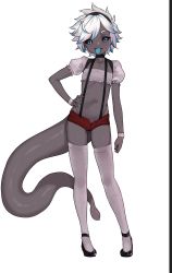Rule 34 | 1girl, absurdres, black footwear, black sclera, black shorts, black skin, blue hair, blue tongue, collarbone, colored sclera, colored skin, colored tongue, commission, crop top, demon girl, demon tail, full body, hand on own hip, high heels, highres, looking at viewer, micro shorts, monster girl, navel, open mouth, original, red shorts, short hair, shorts, smile, solo, spiked hair, suspender shorts, suspenders, tail, teeth, thighhighs, todding, tomboy, tongue, tongue out, upper teeth only, white hair, white thighhighs