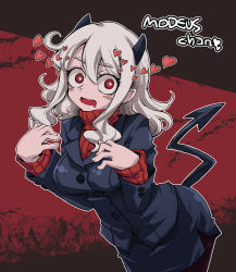 Rule 34 | 1girl, black suit, breasts, casual suit, character name, demon tail, heart, helltaker, horns, large breasts, looking at viewer, makita yoshiharu, modeus (helltaker), pantyhose, red eyes, red sweater, ribbed shirt, shirt, skirt, solo, suit, sweater, tail, thighhighs, white hair