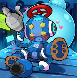 Rule 34 | 1girl, android, anus, arm cannon, armor, blush, closed mouth, cryosphere, heart, highres, cryosphere, mighty no. 9, no humans, pussy, robot, smile, solo, weapon