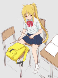 Rule 34 | 1girl, ahoge, artist name, backpack, bag, blonde hair, blue skirt, bocchi the rock!, book, bow, bowtie, brown eyes, chair, commentary, dated, desk, dress shirt, drumsticks, eighth note, grey background, highres, holding, holding drumsticks, ijichi nijika, long hair, miniskirt, musical note, on chair, pleated skirt, red bow, red bowtie, retsumaru, school chair, school desk, school uniform, shimokitazawa high school uniform, shirt, shoes, short sleeves, side ponytail, signature, simple background, sitting, skirt, socks, solo, uwabaki, very long hair, white footwear, white shirt, white socks, wing collar