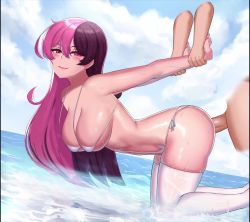 Rule 34 | 1boy, 1girl, animated, artist name, ass, bent over, bikini, breasts, brown eyes, brown hair, cloud, cloudy sky, commentary, cslucaris, cum, cum on ass, cum on hair, doggystyle, english commentary, from side, grin, hetero, heterochromia, highres, large breasts, long hair, looking at viewer, micro bikini, neo politan, pink eyes, pink hair, rwby, sex, sex from behind, side-tie bikini bottom, sky, smile, solo, straight hair, swimsuit, thighhighs, thighs, third-party edit, video, water, watermark, web address, wet, white bikini, white thighhighs