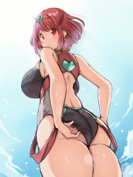 Rule 34 | 1girl, absurdres, ass, backless swimsuit, black one-piece swimsuit, bob cut, competition swimsuit, covered collarbone, earrings, headpiece, highres, jewelry, kurokaze no sora, one-piece swimsuit, pyra (pro swimmer) (xenoblade), pyra (xenoblade), red eyes, red hair, red one-piece swimsuit, short hair, solo, strapless, strapless one-piece swimsuit, swept bangs, swimsuit, tiara, two-tone swimsuit, xenoblade chronicles (series), xenoblade chronicles 2