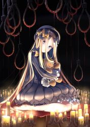 Rule 34 | 1girl, abigail williams (fate), barefoot, black background, black bow, black dress, black hat, blonde hair, blood, bloomers, blue eyes, bow, bug, butterfly, candle, candlelight, closed mouth, commentary request, dirty, dirty feet, dress, fate/grand order, fate (series), hair bow, hat, head tilt, highres, hugging object, insect, long hair, long sleeves, looking at viewer, makadamixa, noose, orange bow, parted bangs, polka dot, polka dot bow, rope, sitting, sleeves past wrists, solo, stuffed animal, stuffed toy, teddy bear, underwear, very long hair, wariza, white bloomers