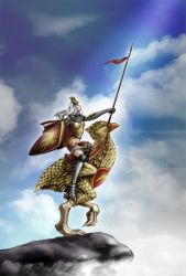 Rule 34 | 1girl, armor, cloud, hinata-nya (artist), lord knight (ragnarok online), lowres, polearm, ragnarok online, shield, solo, spear, weapon, white hair