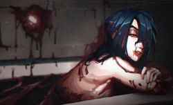 Rule 34 | 1girl, bathing, bathtub, blood, blood splatter, blue hair, bubene, hair down, hair over one eye, highres, looking at viewer, nude, parted lips, partially visible vulva, red eyes, scar, scar on face, skullgirls, smile, solo, valentine (skullgirls)