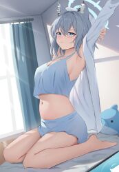 1girl absurdres animal_ears armpits barefoot blue_archive blue_camisole blue_eyes blue_shorts breasts camisole closed_mouth collarbone curtains dress_shirt feet grey_hair hair_between_eyes halo highres indoors long_sleeves looking_at_viewer mechanical_halo medium_breasts medium_hair navel pajamas pharmarr shiroko_(blue_archive) shirt shorts sideboob solo stretching thighs toes white_shirt window