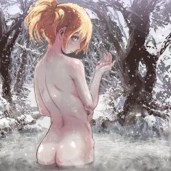 Rule 34 | 1girl, ass, back, blonde hair, blush, green eyes, looking back, lowres, nature, nude, onsen, original, outdoors, partially submerged, ponytail, snow, snowing, solo, water, ymr