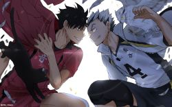 Rule 34 | 2boys, :p, animal, bird, black hair, bokuto koutarou, cat, eye contact, face-to-face, feathers, grey hair, grin, haikyuu!!, jacket, jacket on shoulders, kuroo tetsurou, kurot, light rays, looking at another, male focus, multicolored hair, multiple boys, owl, shirt, short hair, short sleeves, shorts, simple background, smile, sportswear, squatting, sweatdrop, tongue, tongue out, track jacket, two-tone hair, volleyball uniform