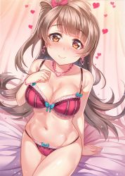Rule 34 | 10s, 1girl, bed, bed sheet, blush, bow, bow panties, bra, bracelet, breasts, brown hair, cameltoe, canopy bed, cleavage, earrings, hair bow, hand on own chest, heart, heart-shaped pupils, heart earrings, heart necklace, jewelry, lingerie, long hair, looking at viewer, love live!, love live! school idol project, miazi, minami kotori, nael, navel, necklace, one side up, panties, red bow, smile, solo, stomach, symbol-shaped pupils, underwear, underwear only, yellow eyes