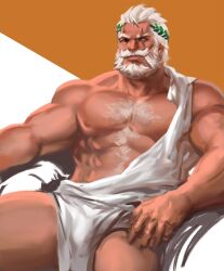 Rule 34 | 1boy, abs, alternate costume, ancient greek clothes, bara, bare pectorals, beard, blind eye, bulge, commentary, dopey (dopq), feet out of frame, full beard, greco-roman clothes, greek mythology, highres, king, large pectorals, laurel crown, looking at viewer, male focus, mature male, muscular, muscular male, navel hair, nipples, old, old man, overwatch, overwatch 2, pectorals, pelvic curtain, reinhardt (overwatch), revealing clothes, scar, scar across eye, short hair, sitting, solo, sparse chest hair, symbol-only commentary, thick beard, thick eyebrows, thick mustache, two-tone background, white hair, zeus (mythology)