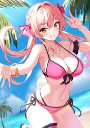 Rule 34 | 1girl, bare shoulders, beach, bead bracelet, beads, bikini, black footwear, blue sky, bracelet, braid, breasts, cloud, collarbone, commentary, day, floating hair, grin, hair intakes, hair ribbon, highres, horizon, idolmaster, idolmaster cinderella girls, jewelry, jougasaki mika, large breasts, long hair, looking at viewer, low twintails, nail polish, navel, necklace, ocean, outdoors, outstretched arm, palm tree, pink bikini, pink hair, pink nails, pink ribbon, ribbon, ring, sandals, side-tie bikini bottom, sky, smile, solo, sutoroa, swimsuit, thighs, tree, twintails, w, water, yellow eyes