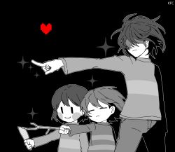 Rule 34 | 3others, androgynous, blush stickers, chara (undertale), closed eyes, closed mouth, crossover, deltarune, frisk (undertale), greyscale, heart, highres, holding, holding knife, holding stick, holding weapon, knife, kris (deltarune), long sleeves, monochrome, multiple others, n3ss 0, pants, pointing, shaded face, short hair, simple background, smile, sparkle, stick, striped clothes, striped sweater, sweater, undertale, weapon