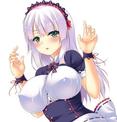 Rule 34 | 1girl, apron, blush, bow, breasts, buttons, corset, covered erect nipples, green eyes, green hair, hair bow, hands up, heart, highres, impossible clothes, impossible shirt, iroha (unyun), large breasts, long hair, looking at viewer, maid, maid apron, maid headdress, matching hair/eyes, mole, mole under eye, open mouth, original, ribbon, shirt, silver hair, simple background, solo, upper body, waist apron, white background, wrist cuffs, wrist ribbon