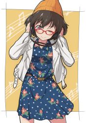 Rule 34 | 10s, 1girl, akiyama yukari, beanie, belt, bespectacled, blue dress, brown eyes, brown hair, casual, cbgb, closed mouth, collared dress, dress, floral print, girls und panzer, glasses, hands on own head, hat, headphones, highres, jacket, long sleeves, looking at viewer, medium dress, messy hair, musical note, one eye closed, open clothes, open jacket, orange hat, polka dot, polka dot dress, print dress, quaver, red-framed eyewear, short hair, smile, solo, staff (music), standing, white jacket, yellow background