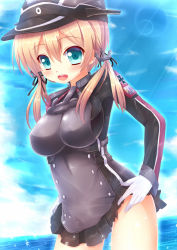 Rule 34 | 10s, 1girl, blonde hair, blue eyes, breasts, gloves, hat, highres, kane-neko, kantai collection, large breasts, long hair, long sleeves, military, military uniform, prinz eugen (kancolle), skirt, solo, twintails, uniform, white gloves