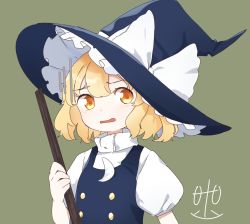 Rule 34 | 1girl, abukawa honpo, blonde hair, broom, crescent, crescent pin, d:, hat, highres, kirisame marisa, legacy of lunatic kingdom, looking at viewer, open mouth, puffy short sleeves, puffy sleeves, short hair, short sleeves, signature, solo, touhou, witch hat, yellow eyes