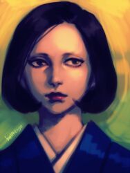 Rule 34 | 1girl, artist name, bellhenge, black eyes, black hair, blue kimono, bob cut, closed mouth, commentary, english commentary, eyelashes, frown, green background, japanese clothes, kimono, original, realistic, red lips, short hair, straight-on, two-tone background, upper body, yellow background