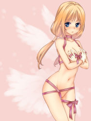 Rule 34 | 1girl, blonde hair, blue eyes, blush, breasts, covering privates, covering breasts, gloves, hip focus, kawagoe pochi, long hair, low-tied long hair, naked ribbon, navel, nude, nude cover, ragnarok online, ribbon, solo, twintails, wanderer (ragnarok online), wings