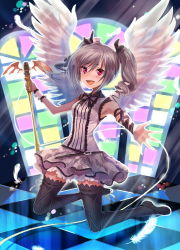 Rule 34 | 10s, 1girl, :d, bad id, bad pixiv id, black thighhighs, blush, checkered floor, dress, drill hair, feathered wings, feathers, floor, hayama eishi, highres, holding, idolmaster, idolmaster cinderella girls, kanzaki ranko, microphone, open mouth, pink eyes, silver hair, sleeveless, sleeveless dress, smile, solo, swimsuit, thighhighs, twin drills, twintails, wings