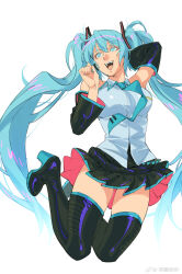 Rule 34 | 1girl, :d, absurdres, aqua eyes, aqua hair, aqua necktie, arm behind head, arm up, bare shoulders, black footwear, black skirt, black sleeves, boots, breasts, clothes lift, collared shirt, detached sleeves, floating hair, full body, hair ornament, hands up, hatsune miku, high heels, highres, jumping, large breasts, legs up, long hair, long sleeves, looking up, miniskirt, necktie, open mouth, ruukii drift, shirt, shoulder tattoo, skirt, skirt lift, sleeveless, sleeveless shirt, smile, solo, tattoo, teeth, thigh boots, twintails, very long hair, vocaloid, weibo logo, weibo watermark, white background, white shirt, wind, wind lift