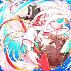 Rule 34 | 1girl, absurdres, angel, angel wings, bare shoulders, bracelet, braid, brown hair, hand up, highres, holding, holding weapon, jewelry, looking at viewer, muto (n0sug4r), off-shoulder shirt, off shoulder, original, pale skin, red eyes, shirt, short hair, solo, strapless, thigh strap, thighs, weapon, wings