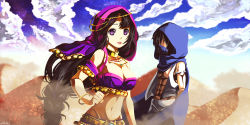 Rule 34 | 1boy, 1girl, abs, artist name, black hair, blue sky, braid, breasts, character request, cleavage, cloak, cloud, dated, day, desert, groin, haren, jewelry, large breasts, lips, long hair, midriff, navel, purple eyes, sarabande, signature, single braid, sky, sound horizon, toned, very long hair, vest